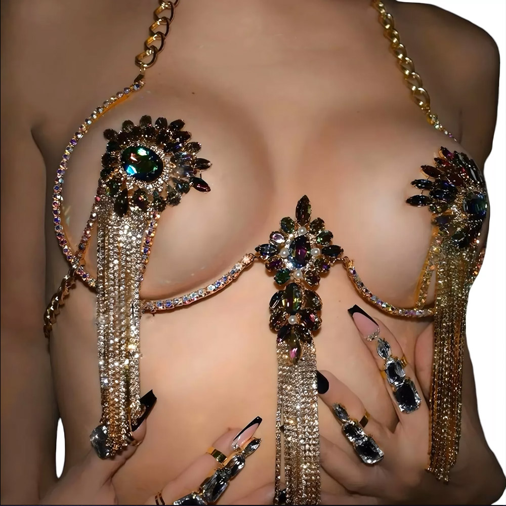 Sexy borla cor cristal peito c - Body Jewelry Nipple Chain avaliação e preço